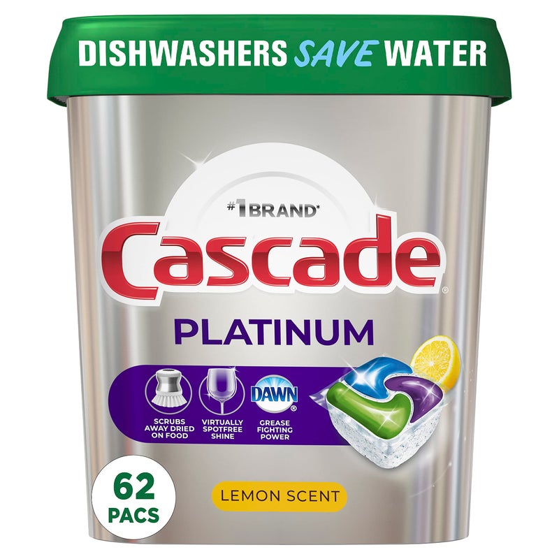 Cascade Platinum Dishwasher Pods, Dishwasher Detergent, Dishwasher Soap, Actionpacs, Lemon, 62 Count - Image 1